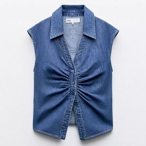 Zara Blue Sleeveless Ruched Button Down Shirt